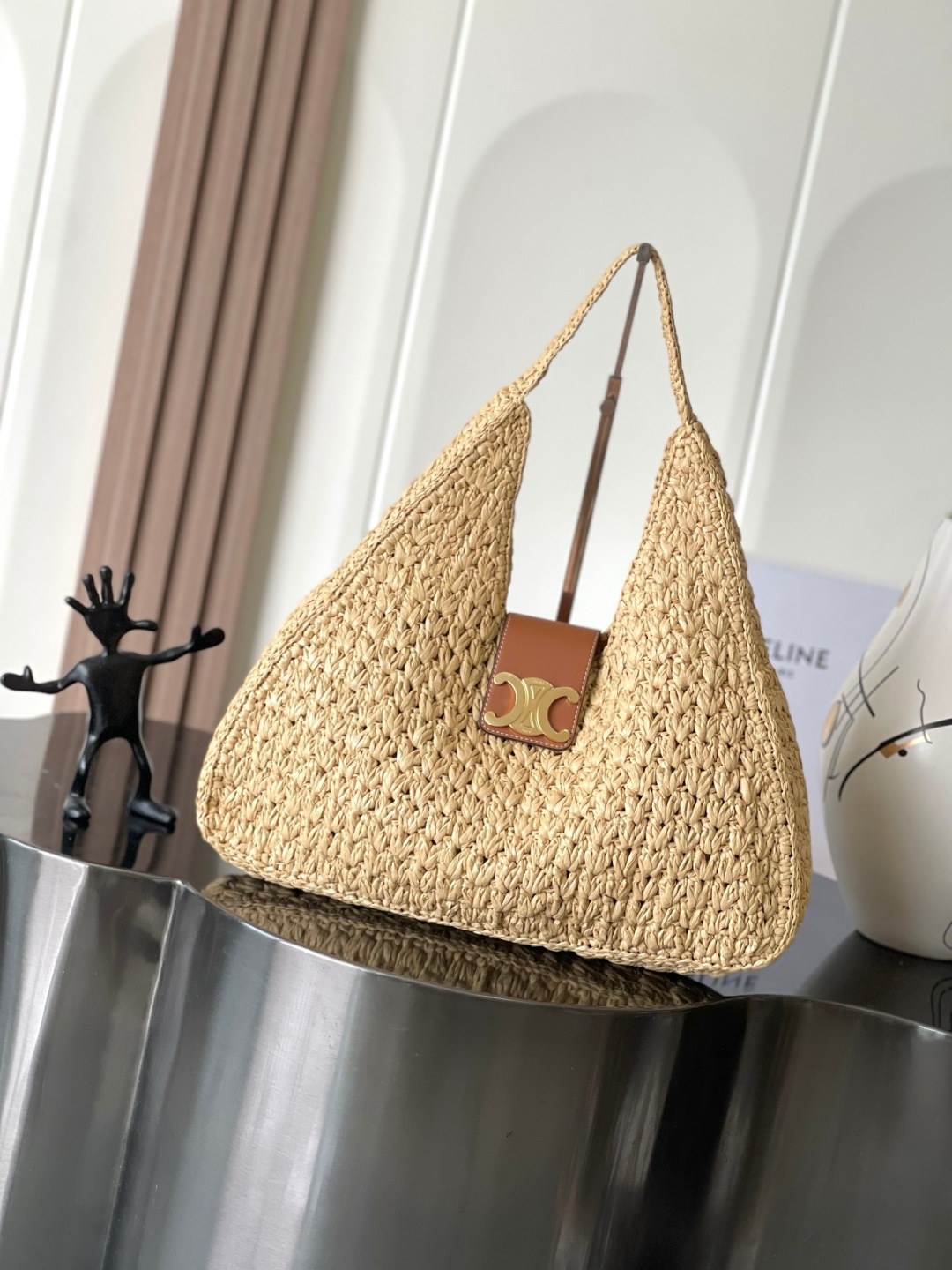 CELIN* CABAS TRIANGLE IN RAFFIA AND CALFSKIN (image for) CELIN* CABAS TRIANGLE IN RAFFIA AND CALFSKIN
