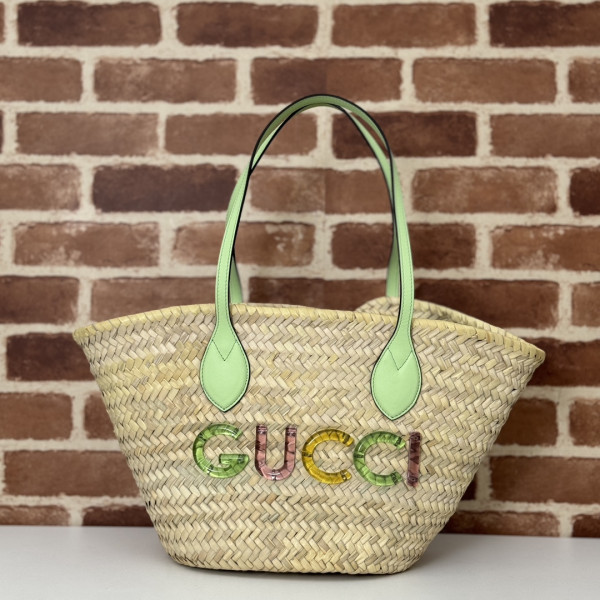 (image for) GUCCI SMALL STRAW TOTE WITH GUCCI LOGO
