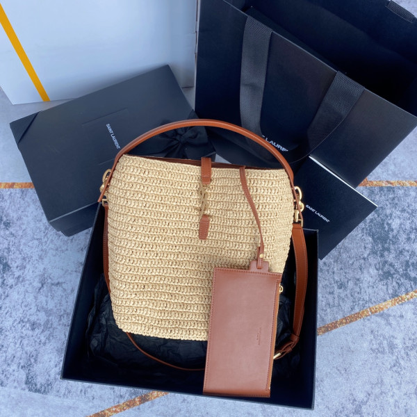 (image for) YSL Le 37 leather-trimmed raffia bucket bag-20*25*16CM