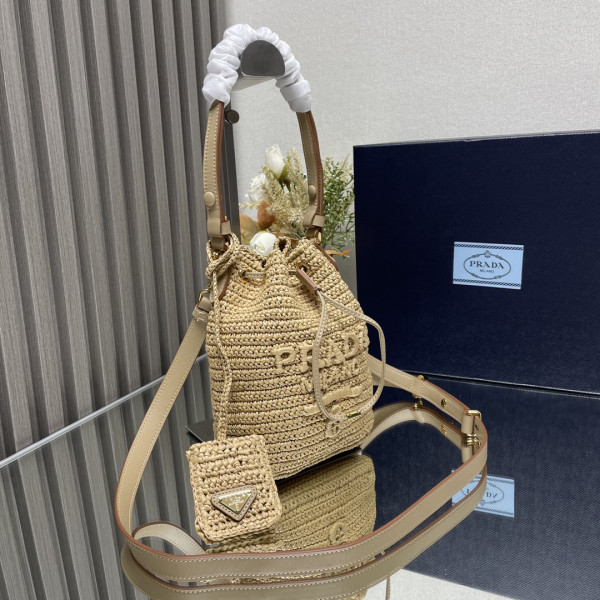 Prada TCrochet and leather bucket bag-20*17*12CM [1BE068] CELINE CHANEL ACCESSORIES LOEWE SHOES LOUIS VUITTON DIRO YSL OTHER BRAND HANDBAGS BALENCIAGA BOTTEGA VENETA GOYARD HERMES BURBERRY VALENTINO GUCCI FENDI MIUMIU CHLOE PRADA BVLGARI SUITCASE NEW ARRIVAL 