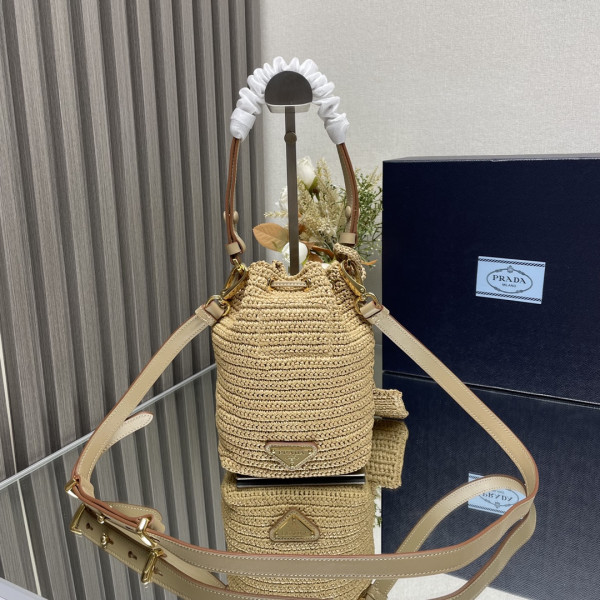 Prada TCrochet and leather bucket bag-20*17*12CM [1BE068] CELINE CHANEL ACCESSORIES LOEWE SHOES LOUIS VUITTON DIRO YSL OTHER BRAND HANDBAGS BALENCIAGA BOTTEGA VENETA GOYARD HERMES BURBERRY VALENTINO GUCCI FENDI MIUMIU CHLOE PRADA BVLGARI SUITCASE NEW ARRIVAL 