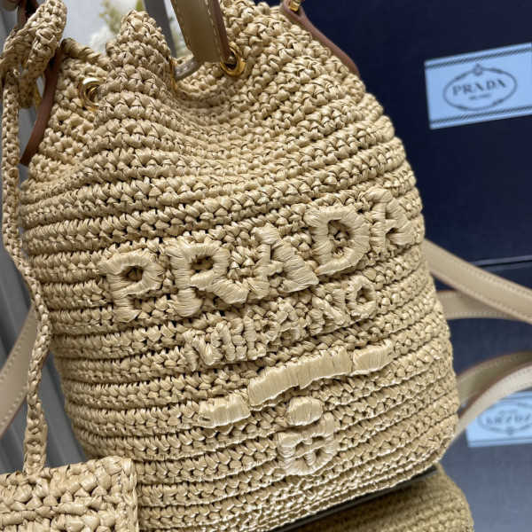Prada TCrochet and leather bucket bag-20*17*12CM [1BE068] CELINE CHANEL ACCESSORIES LOEWE SHOES LOUIS VUITTON DIRO YSL OTHER BRAND HANDBAGS BALENCIAGA BOTTEGA VENETA GOYARD HERMES BURBERRY VALENTINO GUCCI FENDI MIUMIU CHLOE PRADA BVLGARI SUITCASE NEW ARRIVAL 