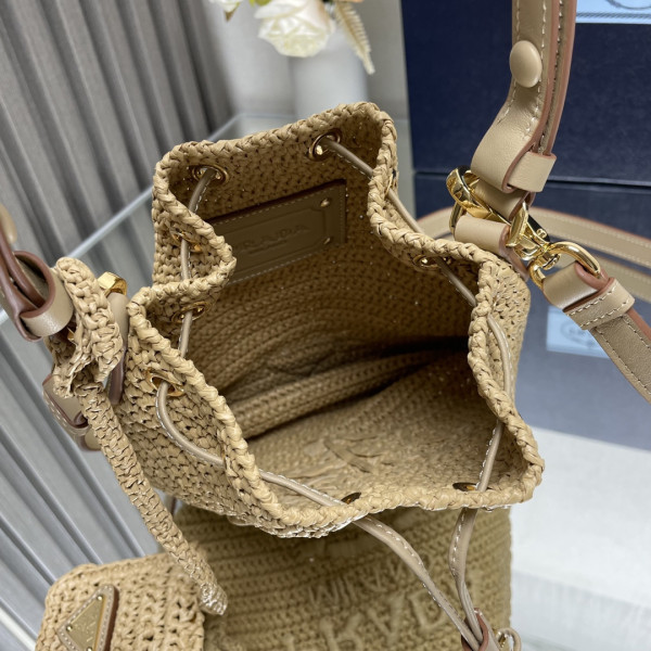 Prada TCrochet and leather bucket bag-20*17*12CM [1BE068] CELINE CHANEL ACCESSORIES LOEWE SHOES LOUIS VUITTON DIRO YSL OTHER BRAND HANDBAGS BALENCIAGA BOTTEGA VENETA GOYARD HERMES BURBERRY VALENTINO GUCCI FENDI MIUMIU CHLOE PRADA BVLGARI SUITCASE NEW ARRIVAL 
