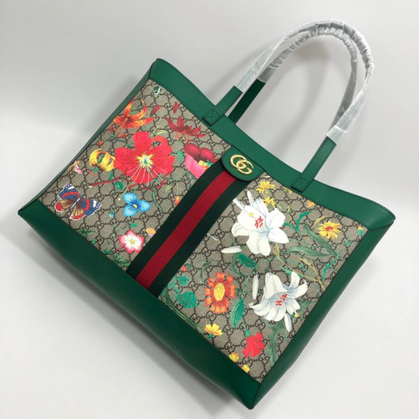 GUCCI GG Supreme Monogram Flora Web Large Ophidia Tote (image for) GUCCI GG Supreme Monogram Flora Web Large Ophidia Tote