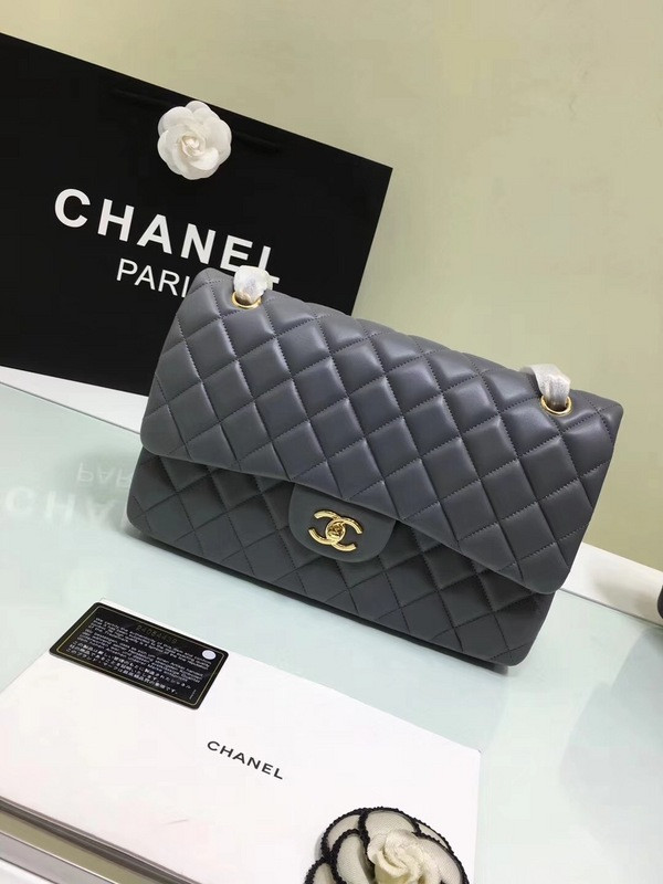 CL 1112 Grey Large Size 30cm Lambskin Leather Flap Bag With Gold/Silver Hardware (image for) CL 1112 Grey Large Size 30cm Lambskin Leather Flap Bag With Gold/Silver Hardware
